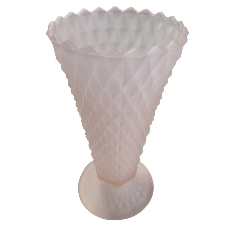 Vtg Indiana Glass Pink Frosted Diamond Point Vase Mid-century 8